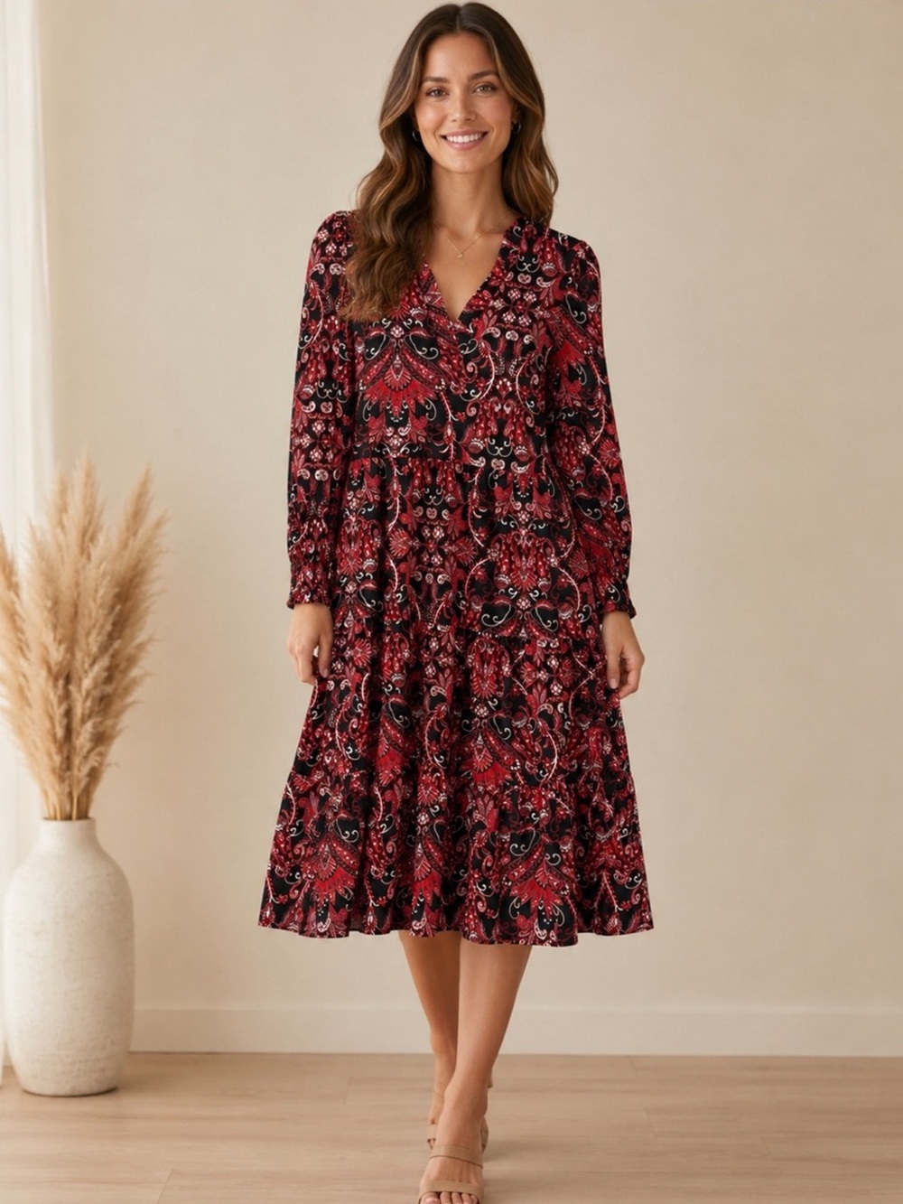 NWT Jude Connally Dress Paisley Amore In Red,Silver & Black Sz Large -